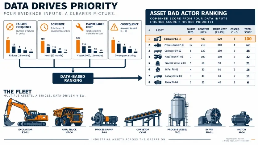 Bad actor equipment ranked by failure frequency, downtime, maintenance cost and consequence