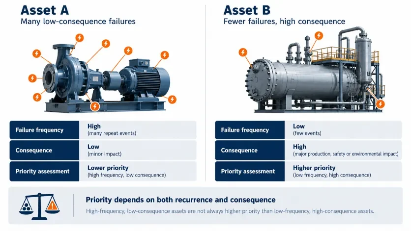 Comparison of failure frequency and asset consequence when prioritising bad actors
