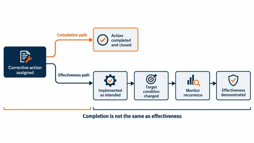 Corrective action completion compared with corrective action effectiveness