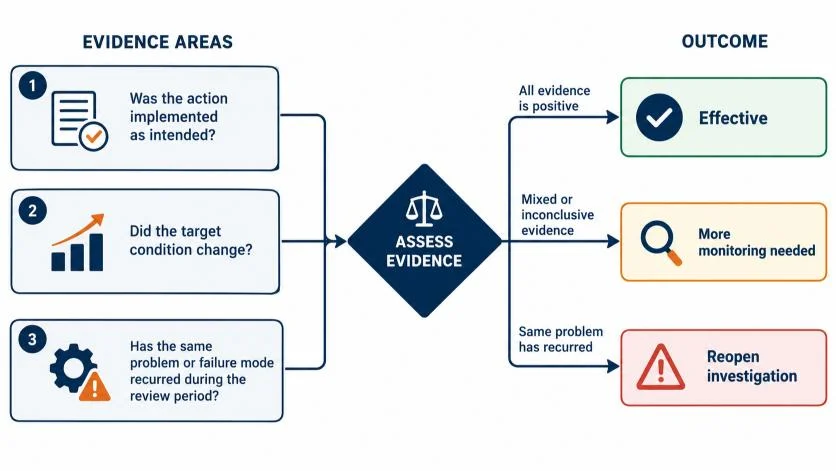 Corrective action effectiveness review using implementation, performance and recurrence checks