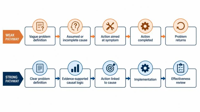 Corrective action failure chain from weak problem definition to recurrence