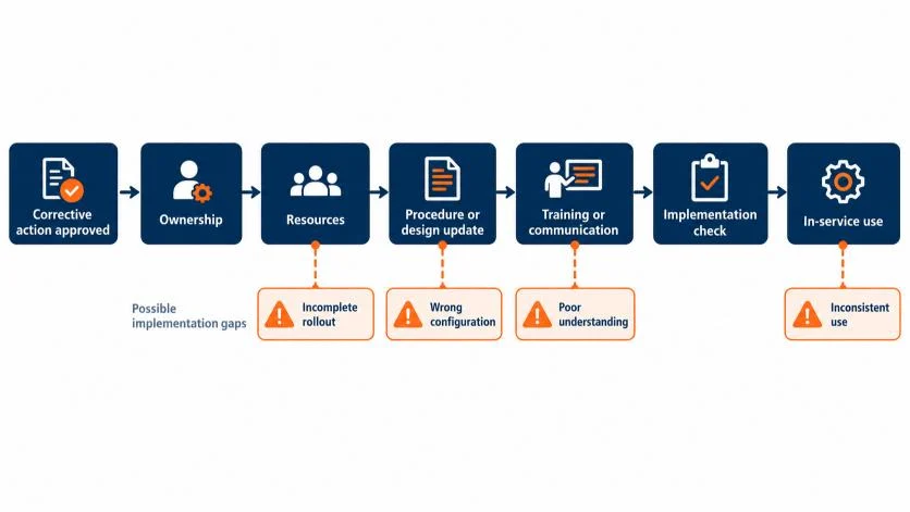 Corrective action implementation pathway showing where execution can fail