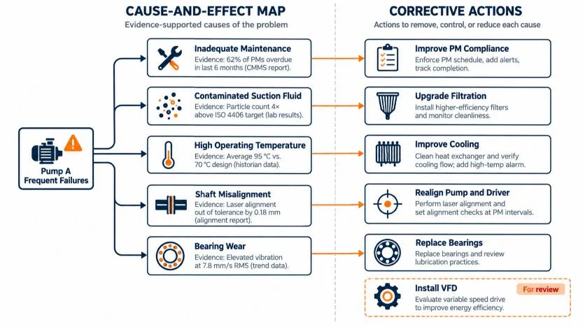 Corrective actions mapped to evidence-supported causes