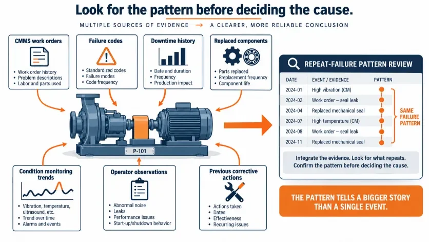Maintenance data sources used to identify repeat equipment failure patterns