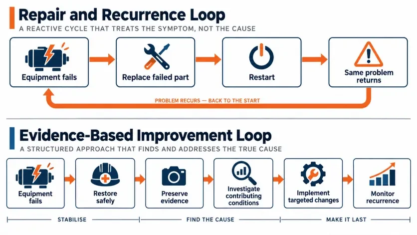 Repair and recurrence cycle compared with investigation and reliability improvement cycle
