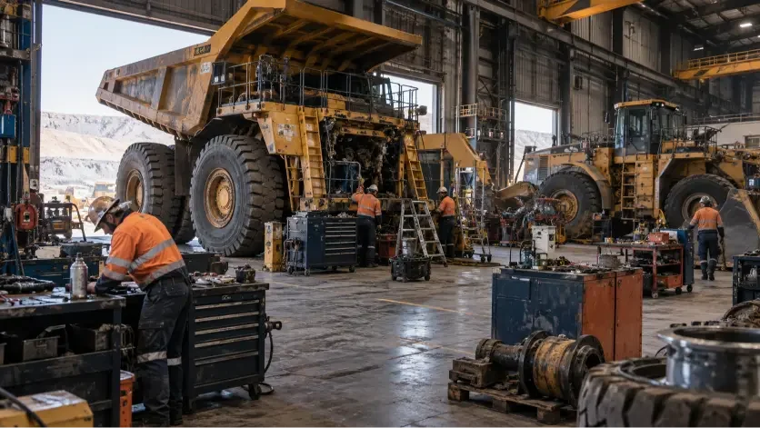 Busy mining workshop during reactive maintenance cycle